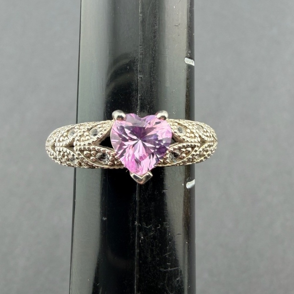 Sterling Silver 925 Pink Heart Gem Stone Filigree Ring Size‎ 5.5 Vintage Style
